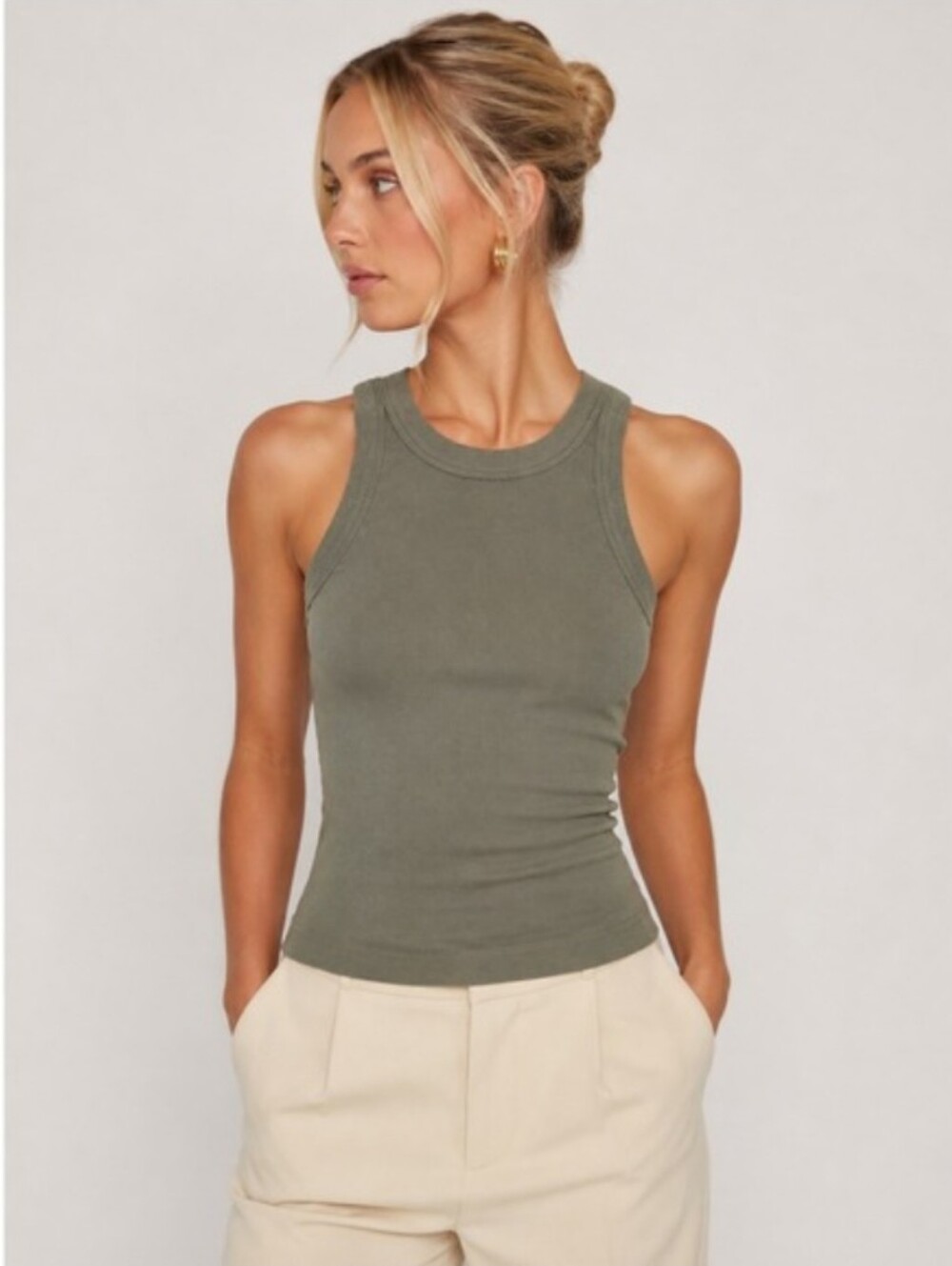 James Perse Ribbed High Neck Tank Top Olive Green Cotton Size 2 M NWOT New